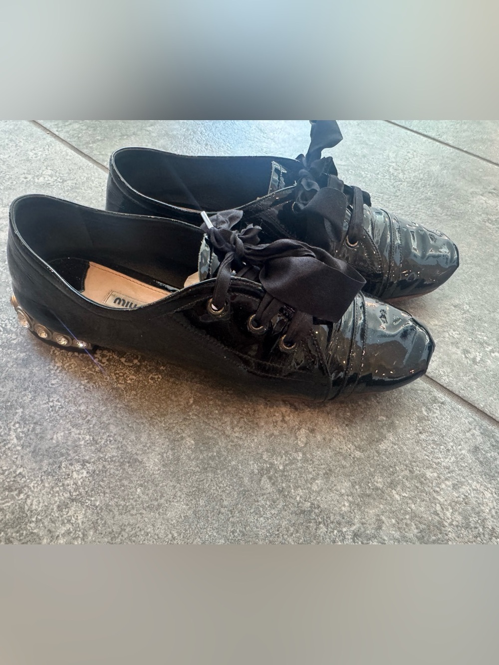 Miu Miu Black Patent Leather Crystal Heel Flats EU 36.5 US 6 Ribbon Laces